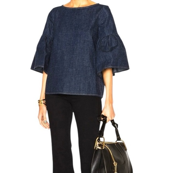 SUNO Slightly Oversized Blue Denim Shirred Bell Sleeve Boxy Blouse size 0 - Picture 4 of 11